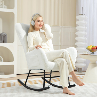 HOMCOM Rocking Chair, Rocking Armchair with Teddy Fabric Look, Armrests, Still Chair with Wooden Runners, Lumbar Pillow, Recliner with Side Pocket for Living Room, Bedroom, White | Aosom