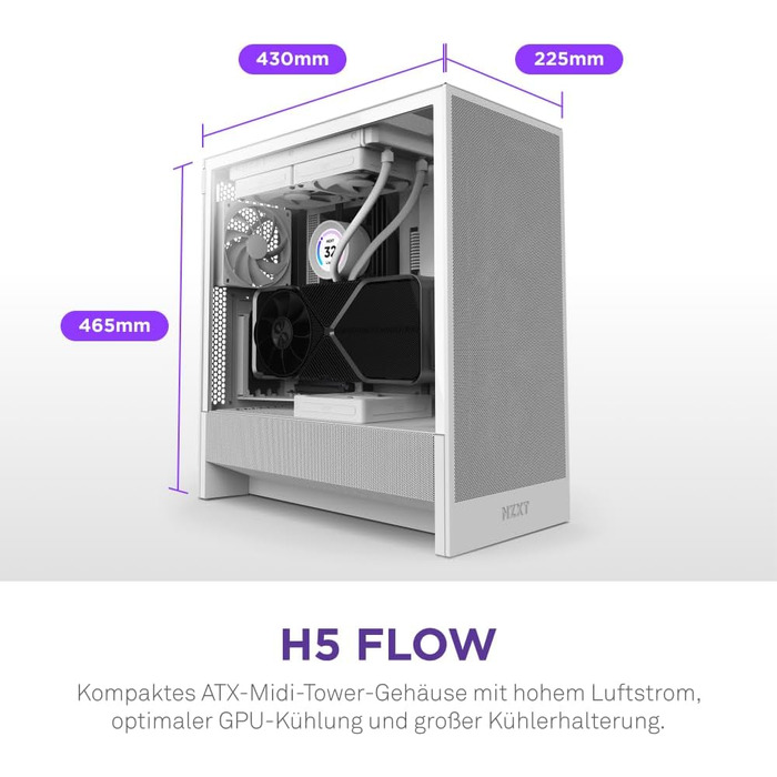 NZXT H5 Flow - Компактний корпус для ПК ATX Mid-Tower для геймінгу - Покращений повітряний потік - 2 x 120mm вентилятори, підтримка радіаторів 360mm (передній) та 240mm (верхній), система кабель-менеджменту, загартоване скло (Flow 2024, білий)
