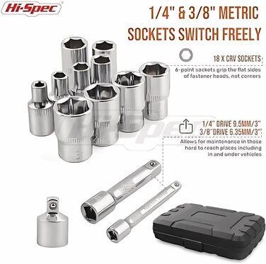 Набір торцевих ключів Hi-Spec 22 шт., дюймовий, 1/4'' і 3/8'' привод, тріскачка, подовжувач, кейс