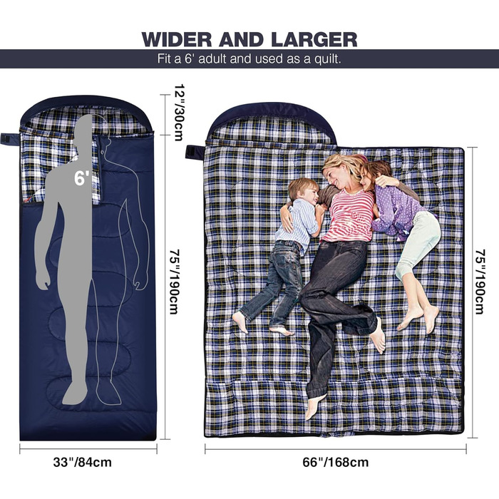 REDCAMP XL Cotton Sleeping Bag - Warm, Removable Hood, Flannel Comfort - 3-4 Season Sleeping Bag for Adults & Kids - Camping, Outdoor, Fishing - Blue (2lbs/3lbs Fill)