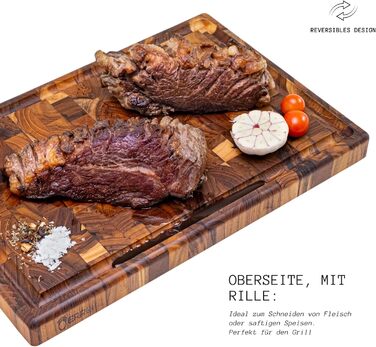 Дерев'яний обробний дошка Erke Schneidebrett з текового дерева, 44 x 29.5 x 3.2 см, з жолобом для соку, товщина 3.2 см