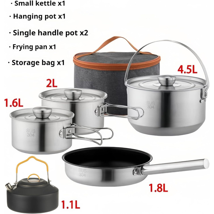 Набір кухонного посуду для кемпінгу з нержавіючої сталі 304, 10 предметів: каструлі, сковорідки, чайник, сітчаста сумка для подорожей, кемпінгу, трекінгу, пікніків, похідного спорядження