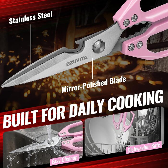 Кухонні ножиці 5-в-1 з пінцетом, титанове покриття, нержавіюча сталь, для кухні, птиці, риби, м'яса (чорний & рожевий)