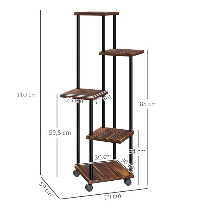 Outsunny 5-Tier Plant Stand with Wheels, Flower Stand for Indoor Outdoor, Steel and Wood Plant Shelf, Multi-Level Flower Shelf, 110cm High Flower Ladder for Living Room, Garden Balcony Decor, Charcoal | Aosom