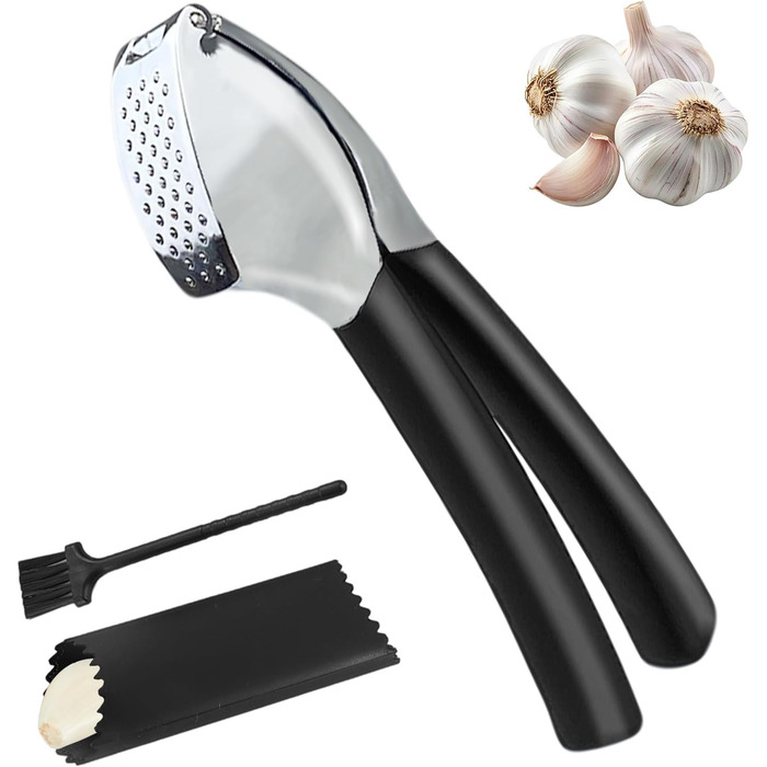 Прес для часнику з нержавіючої сталі - багатофункціональний прес для часнику з силіконовим очищувачем та щіткою для чищення. Прес для часнику, придатний для миття в посудомийній машині. Чорний + срібний