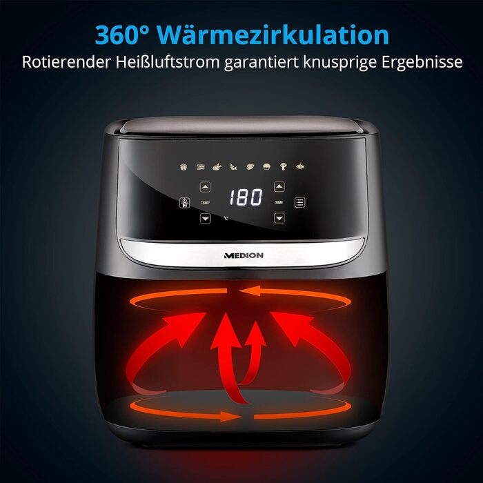 Аерофритюрниця MEDION E50 XL, 5,7 л, 1700 Вт, цифрова панель, 8 програм, без олії, чорна