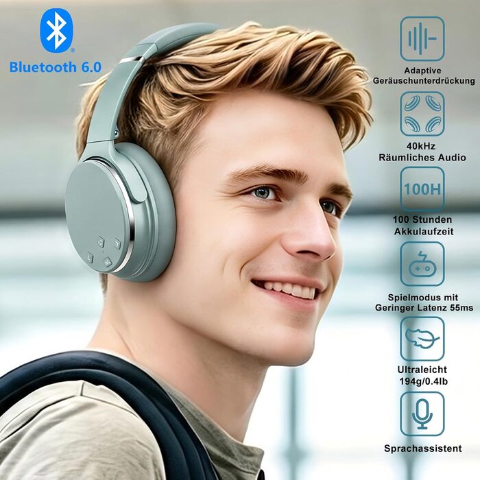 Бездротові навушники Srhythm NC25 з активним шумозаглушенням (ANC), Bluetooth, Hi-Fi звук, глибокий бас, NFC, вбудований мікрофон, складані (М'ятно-зелений)
