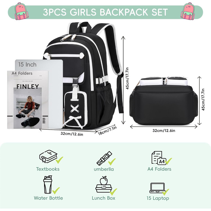 Шкільний рюкзак Tanou для дівчаток-підлітків, великий, стильний, водонепроникний, 9-18 років, з ременем для візка, чорний