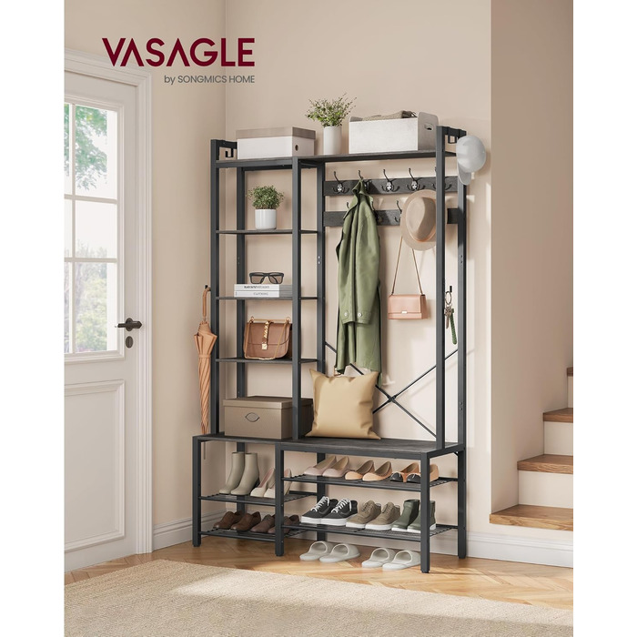 VASAGLE Coat Rack with Shoe Bench, Wardrobe, 5 Shelf Levels made of Particleboard, 9 Triple Hooks, 6 Side Hooks, 40 x 120 x 190 cm, Stone Grey-Ink Black HSR426B04