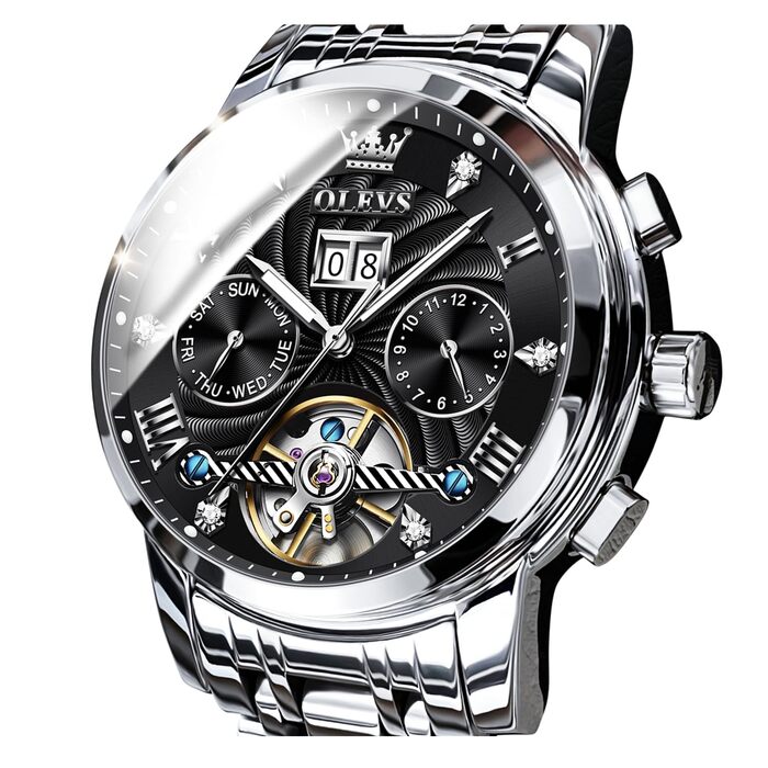 Чоловічий механічний годинник-скелетон OLEVS: автоматичний, з багатофункціональним календарем, водонепроникний, сталевий корпус (Сріблястий та Чорний)