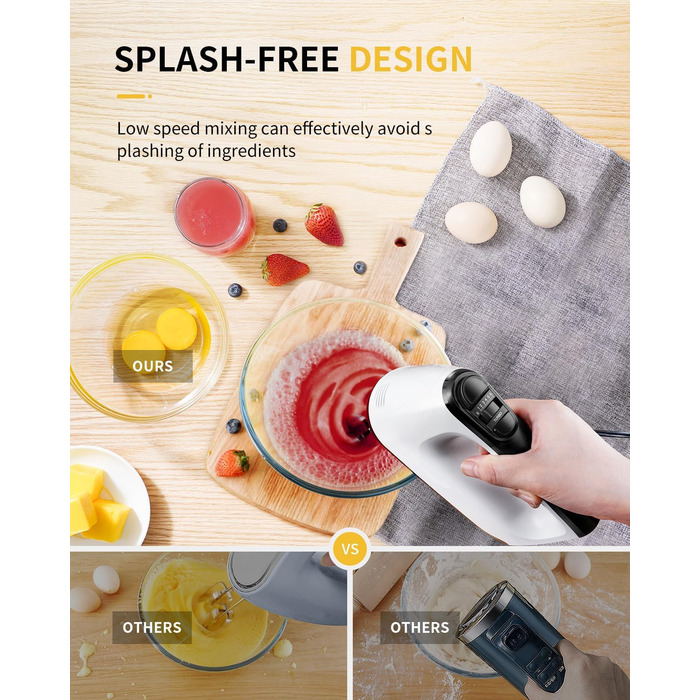 Електричний ручний міксер 6 швидкостей з турбо-режимом, без розбризкування, 400W, тихий мотор, білий, з аксесуарами з нержавіючої сталі