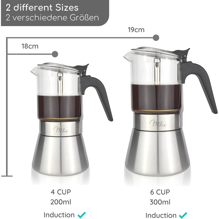 Milu Espresso Maker Induction Compatible | 4, 6 Cups | Stainless Steel Glass Moka Pot, Espresso Pot, Espresso Maker Set including coaster, spoon, brush (4 cups 200ml) Glass 4 cups (200ml)