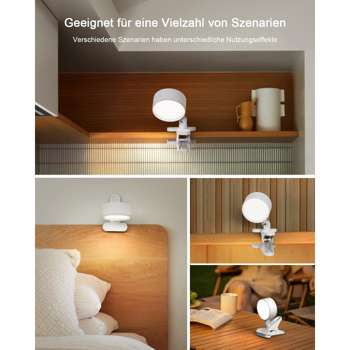 Нічник на ліжко акумуляторний бездротовий з USB-C, 5000mAh, з кліпсою, димуючий, з пультом, LED, 360° поворотний, для спальні, кемпінгу (білий)