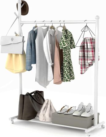 Clothes Rack Clothes Hanger Portable - Rolling Clothes Rack on Wheels With Bottom Shelves (White)