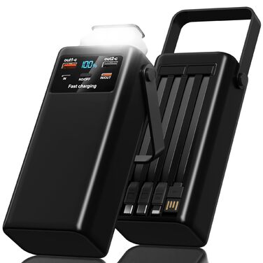 Power Bank 60000mAh з PD 45W, LED дисплеєм та ліхтариком. 4 вбудовані кабелі, 2 USB-A та 1 Type-C. Чорний