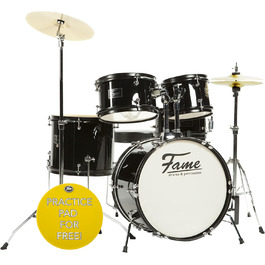 Fame 5-Piece Drum Set Black - Комплект барабанів з аксесуарами, включаючи бас-барабан, томи, малий барабан, стійки та табурет