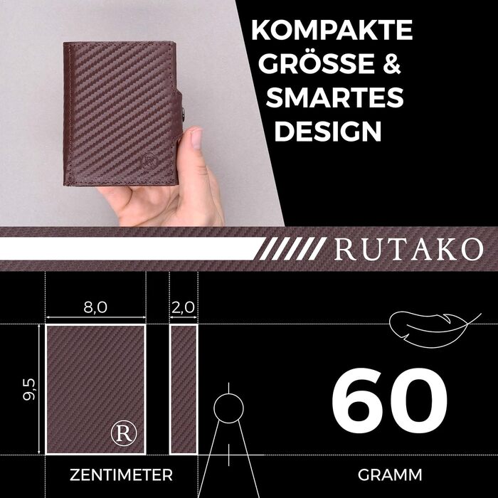 Слім-гаманець RUTAKO з RFID-захистом — компактний картхолдер для чоловіків та жінок, міні-портмоне з карбону (Коричневий карбон, без монетниці)