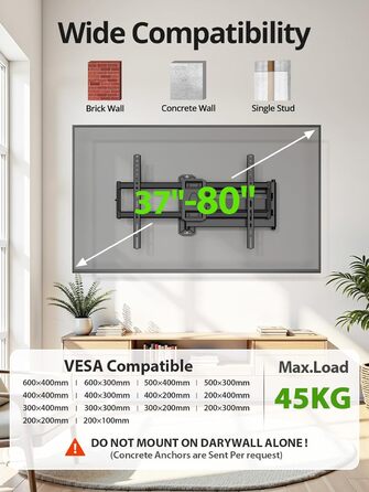 Кріплення для телевізора USX MOUNT на стіну з подовженою балкою, для LCD/LED/OLED телевізорів 37-80 дюймів, витягування 814 мм, регульоване нахилом та поворотне на 180°, VESA до 600x400 мм, вантажопідйомність до 45 кг, ідеально для кутового монтажу