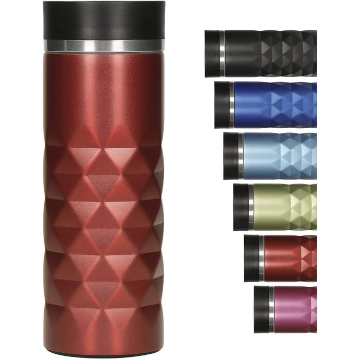 Термокружка Diamond з нержавіючої сталі Elasto Premium 450 мл, з кнопкою, витіканнями, BPA-free, для гарячих та холодних напоїв, матова блискуча (Рубіново-червона)