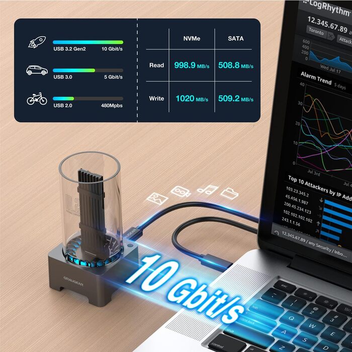 Док-станція для M.2 SSD з охолодженням GrauGear: NVMe PCIe, NGFF SATA, USB3.2 Gen2 10Gbps (22110/2280/2260/2242/2230)