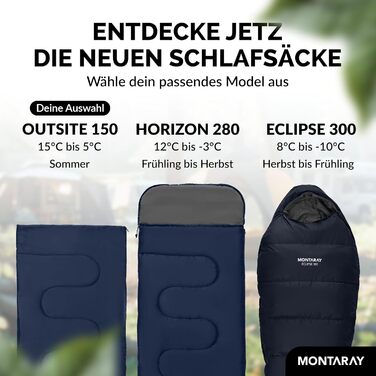 Montaray® Hooded Sleeping Bag -3°C - Outdoor Winter & Summer Sleeping Bag for Men & Women - 3-4 Season Hut Sleeping Bag (75 x 220 cm) - Blue, 150GSM