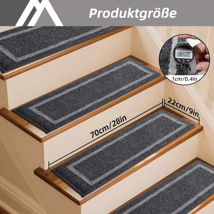 Килимок на сходи COSY HOMEER, 70x22 см, 15 шт., самоклеючий, антиковзкий, машинного прання, 100% поліестер, TPE-підкладка, чорний