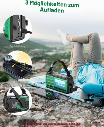 Радіоприймач Esky Kurbelradio з сонячною батареєю, 10000mAh, AM/FM, USB-зарядка, LED-ліхтарик, SOS-сигнал, компас, портативне для кемпінгу та надзвичайних ситуацій, зелений