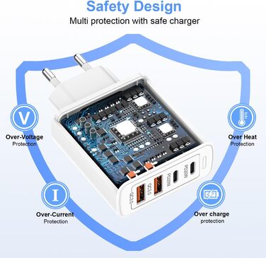 Мережевий зарядний пристрій USB C на 4 порти, 40W, з USB-A, для iPhone 16/15/14/13/12 та смартфонів