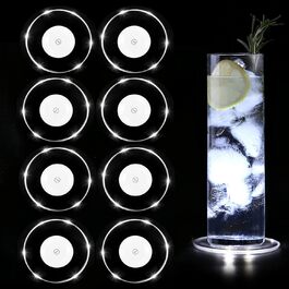 MEDOYOH 8-Piece Cool White LED Coasters - Glowing for Drinks, ON/Off Switch, Drink Coaster Set, Waterproof Acrylic Round Coasters for Glasses, Bottles, Parties, Weddings, Bar, Christmas, Pub
