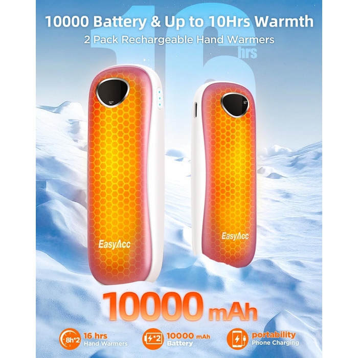 Електричні грілки для рук EasyAcc 10000mAh, 2 шт. з LED-дисплеєм, 3 режими нагріву, для кемпінгу, полювання, Рейно