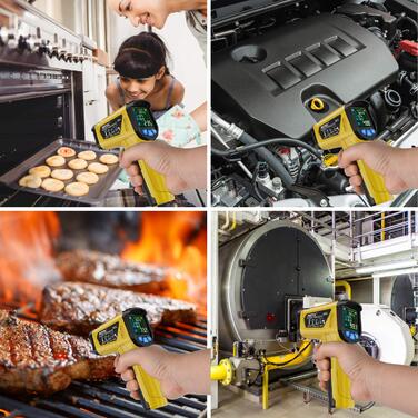 Інфрачервоний термометр MESTEK з лазерним цільовим вказівником, цифровий пірометр з K-зондом (-50°C ~ 800°C), безконтактний, з LCD-дисплеєм, функцією сигналу та регулюванням коефіцієнта випромінювання для кухні, автосервісу та промисловості