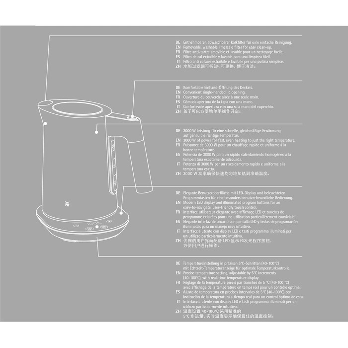 WMF Kineo Kettle with Temperature Setting, 1.6L, Scale Filter, 3000W, Live Temperature Display, Stainless Steel Matte Electric Kettle, Cromargan Single
