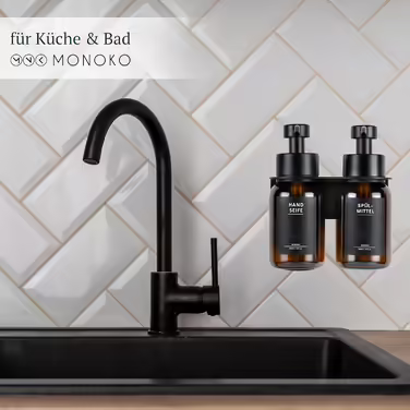 MONOKO | Glass Soap Dispenser Wall Mount No Drilling | Dish Soap Holder Wall Bracket Kitchen | Brown Self-Adhesive Soap Dispenser | 250ml with Stainless Steel Pump Dispenser
