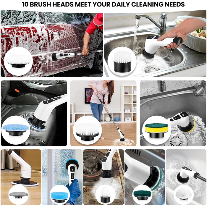 Електрична щітка для чищення швів та поверхонь, 10 насадок, регульована ручка, для ванної, кухні, авто, підлоги