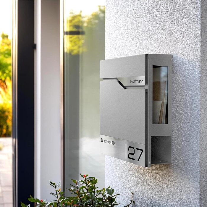 Поштовий ящик Metzler з газетницею та табличкою з нержавіючої сталі V2A, сучасний, стійкий до іржі, сірий алюміній Ral 9007, 10 років гарантії на запчастини, з вікном огляду Siebert