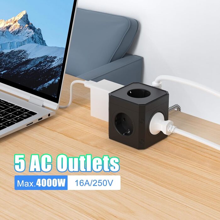Блок розеток з USB-C, 4 розетки, плоский штекер, індивідуальне вмикання, багатофункціональна розетка-куб з 2м плетеним кабелем для офісу, дому, подорожей - Білий