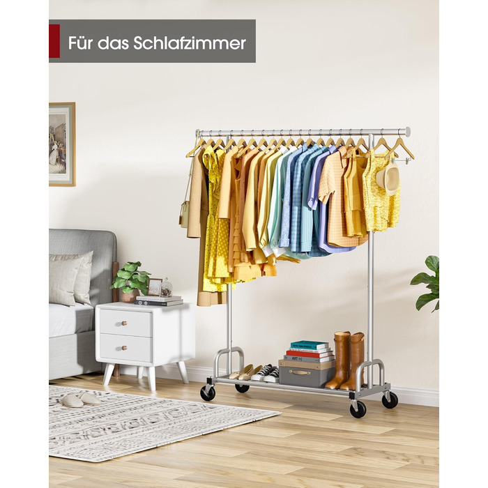 Вешалка для одягу на колесах, з полицею та широкою перекладиною, 116 x 43 x 150 см, сріблястого кольору