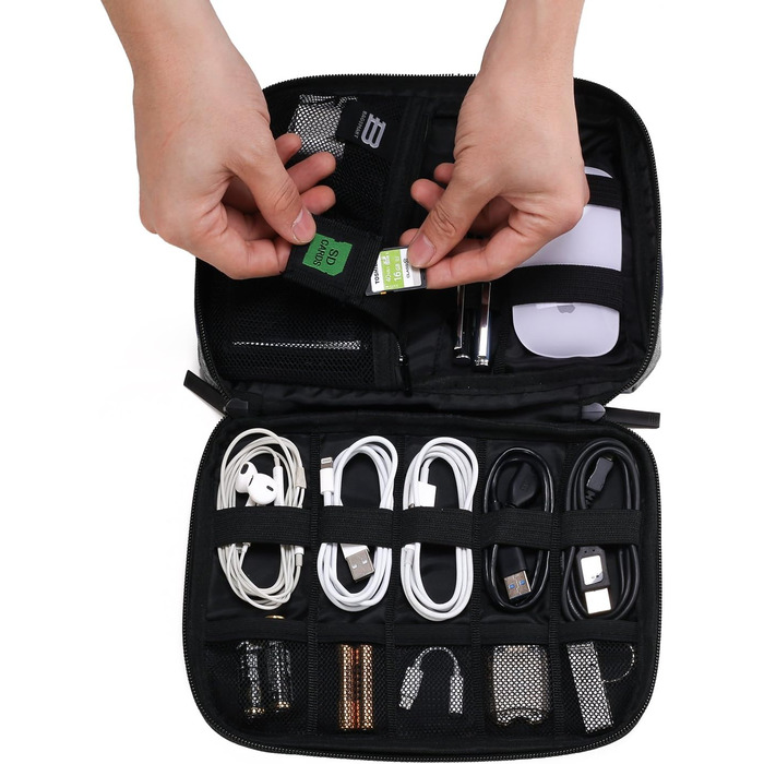 Органайзер для електроніки Bagsmart: чохол для кабелів, powerbank, USB-накопичувачів, SD-карт (рожевий/сірий)
