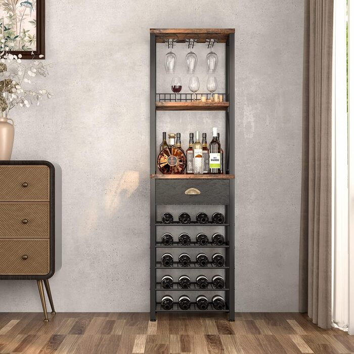Homeiju Wine Rack, Freestanding Floor, Bar Cabinets for Liqueurs and Glasses, 4-Tier Bar Cabinet with Table Top, Glass Holder, Storage Drawer and Wine Storage for Living Room, Kitchen
