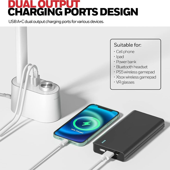 Лампа настільна Honeywell з USB-портом, диммер, захист очей – для дому та офісу, складна, портативна, HWT-H01 (біла)