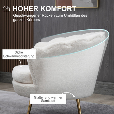Крісло HOMCOM у формі мушлі, крісло-релакс з металевими ніжками, крісло для макіяжу з ефектом флісу, для спальні та вітальні, біле | Aosom