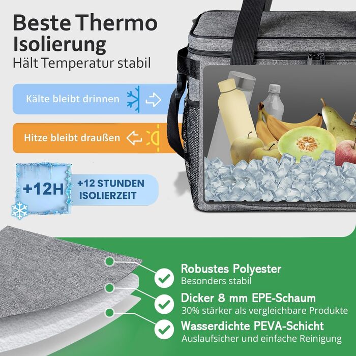 Складана сумка-холодильник 30л, водовідштовхувальна, +12 годин свіжості, міцна ізоляція – сіра сумка-холодильник, сумка для обіду, термосумка для пікніка