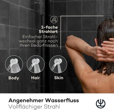 KLUDI-X3 Universal Shower Head with Hose, optional shower spray, water-saving with 3 spray patterns (Body, Hair, Skin), easy-to-clean shower head Ø 11.7 cm, shower hose 1.60 m