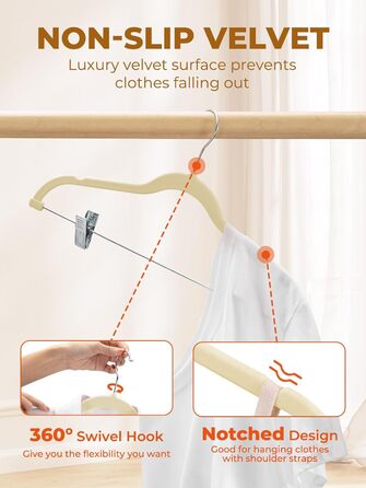 Бархатні вішалки для спідниць HOUSE DAY, 24 шт., з кліпсами, ультратонкі, неслизькі, економія місця, бежевий колір