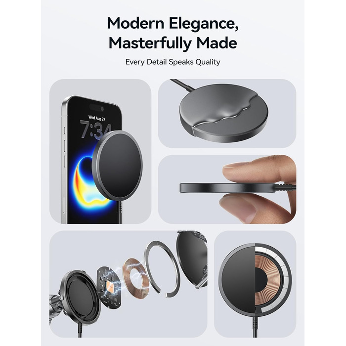 Бездротовий зарядний пристрій JSAUX MagSafe 15W, сумісний з iPhone 17 Air Pro Max, iPhone 16/15/14/13/12, AirPods 3/2, колір: синій (чорний)