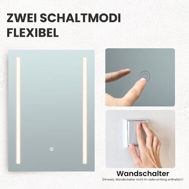 Дзеркало для ванної кімнати з підсвічуванням 70x50 см | LED дзеркало | IP54 вологостійке | Сенсорне керування | Настінне дзеркало | Горизонтальна/Вертикальна установка 6500K холодне біле світло (70x50cm-stil 2)