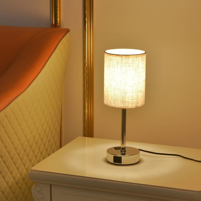 LED-лампа на тумбочку з сенсорним керуванням, диммуванням, USB-портом A+C, тканинним абажуром, металевою основою, для спальні, офісу, вітальні (з лампочкою) (Бежевий)