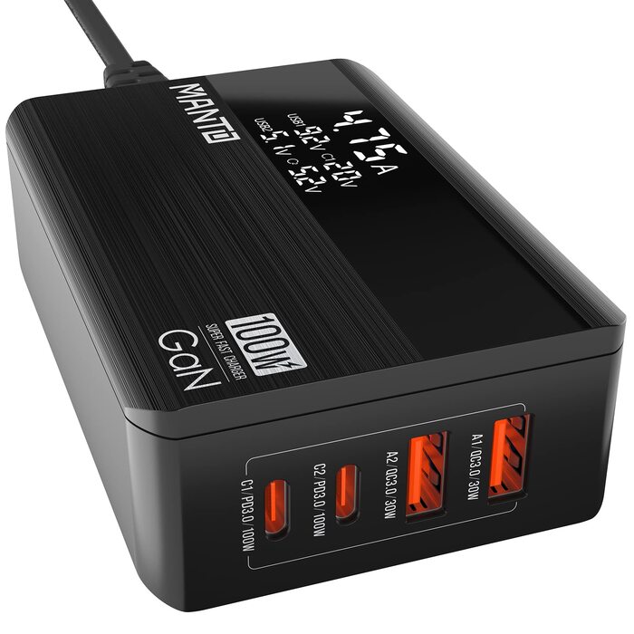 Зарядний пристрій MANTO 100W GaN USB-C з LED-дисплеєм, 4 порти (2x Type-C, 2x Type-A), PD 3.0, QC 3.0, для MacBook, iPhone, iPad, Samsung, ноутбуків