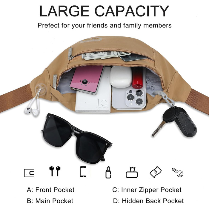 Чоловіча/жіноча поясна сумка Maxtop Bauchtasche для активного відпочинку, спорту та подорожей. Водонепроникна, з 4 кишенями на блискавці. (Хакі, L)