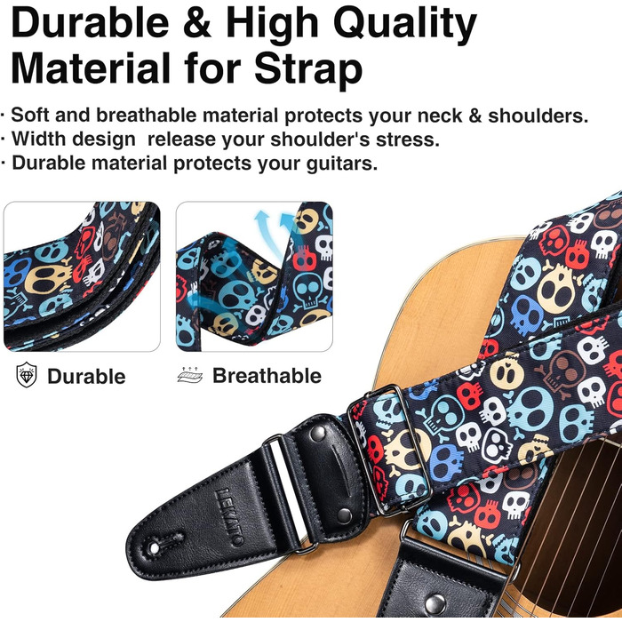 Гітарний ремінь LEKATO, смугастий, 6.7 см, з шкіри, з чохлом для медіатора та фіксаторами - для бас-гітари, електро- та акустичної гітари